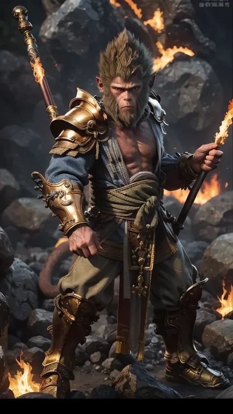 ape man with a golden staff in hand, tôn wukong, wukong, armor, normal hand, cloud of fire underfoot, fiery eyes and golden eyes