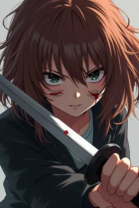 anime, young teenage girl, medium hair past shoulder length fluffy, chestnut with blackish highlights, Sharp slanted eyes with black pupils like an abyss, Pale skin, with a couple of bandages on his bleeding face. expression of rage, stoic and threatening....