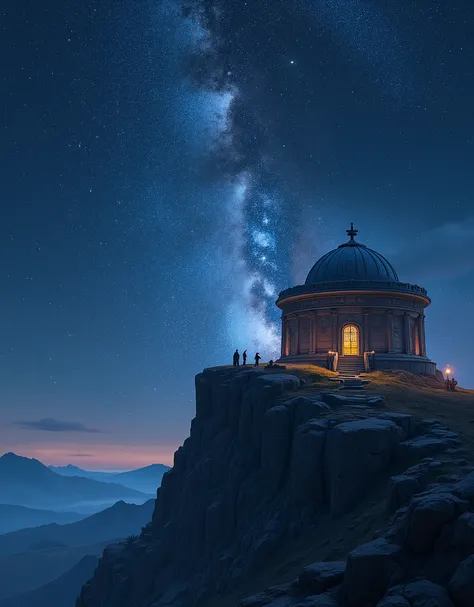 Perched atop a solitary mountain peak, its silhouette a stark silhouette against the backdrop of a star-studded sky, stands an ancient observatory, a testament to humanitys enduring fascination with the cosmos.  Built of rough-hewn stone, its circular stru...