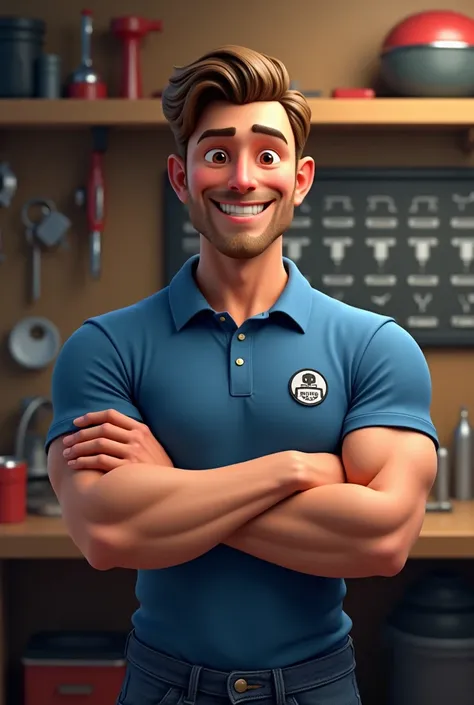 Man standing with hands crossed smiling 3d wearing a blue t-shirt with a collar with a key logo on the chest, wearing jeans, behind him there is a bench with car keys, screwdriver pliers, house keys 
