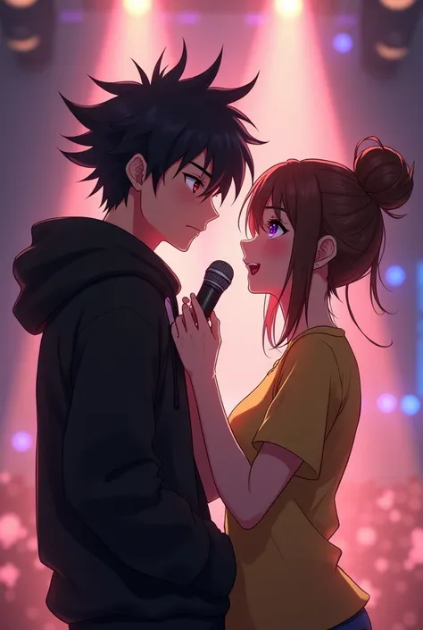 Anime boy ((( Spiky hair , black hair , black hoodie , red eyes , narrowed eye , handsome , singing , holding mic ))) , anime girl ((( purple eyes , brown hair , tied single bun hair style , short hair , yellow t shirt , blank t shirt , singing , holding m...