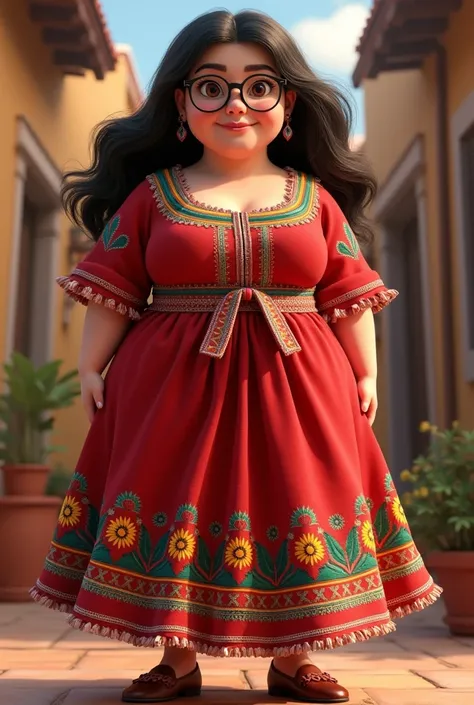 light brunette woman, long dark brown hair, Brown eyes, thin black glasses, dressed as Adelita in Disney Pixar style, full body and chubby
