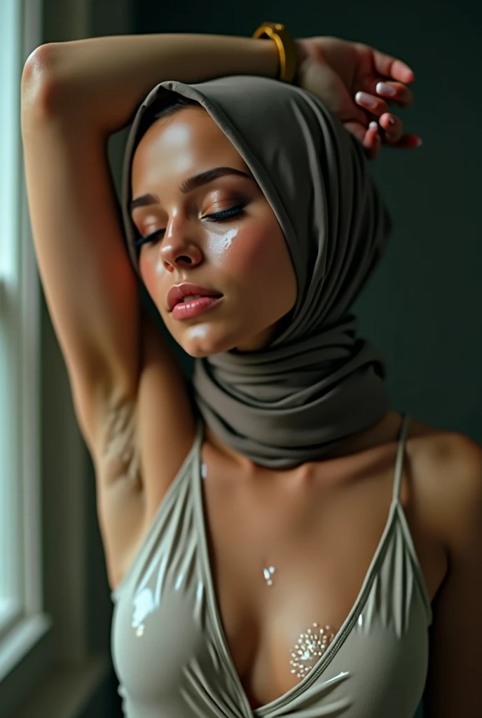 hijab woman with tank top raises wet armpit kissing