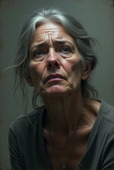 a middle-aged, gray-haired woman with an expression of sadness and despair. She is dressed in simple clothes and her expression reflects her concern and despair over the situation.