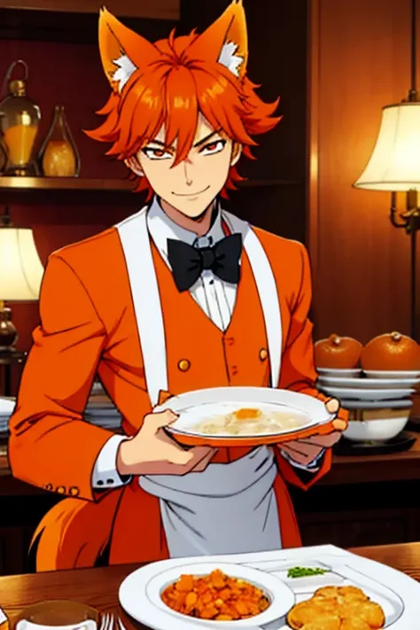 Perfect face. Perfect hands. An orange haired man with orange eyes with orange fox ears and an orange fox tail in a butlers outfit is smiling while serving dinner in a fancy butlers cafe