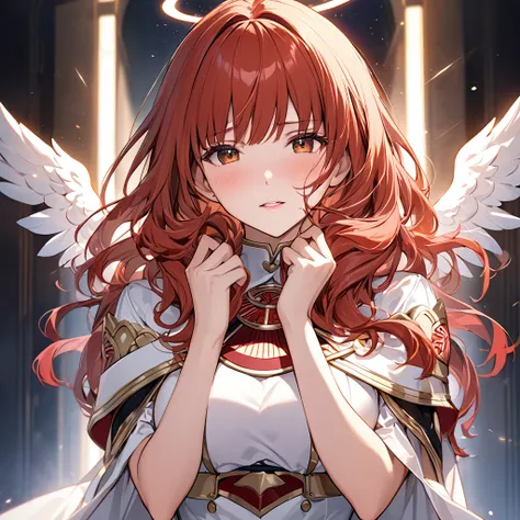 ((highest quality)), ((masterpiece)), (detailed), （perfect face）the woman is a celica with red hair.、the woman is blessed by god...