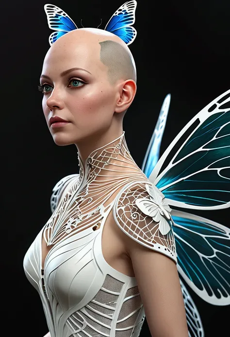 a bald head, butterfly wing trick, transparent white dress, mechanical fairy, mechanical limbs, (Gabriel Pacheco style page), DonMSt34mPXL, (best quality,4k,8k,highres,masterpiece:1.2),ultra-detailed,(realistic,photorealistic,photo-realistic:1.37),intricat...