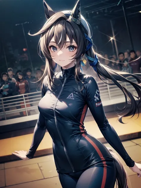 Cowboy Shot,,vivlos (umamusume), hair ornaments, Medium chest, Horse tail,(Racing Suit),masterpiece,Noise Reduction,Perfect Anatomy,High resolution, Very detailed, Very detailed face,Game CG,Dutch Angle ,Beautiful attention to detail,Visual Arts,Five Finge...