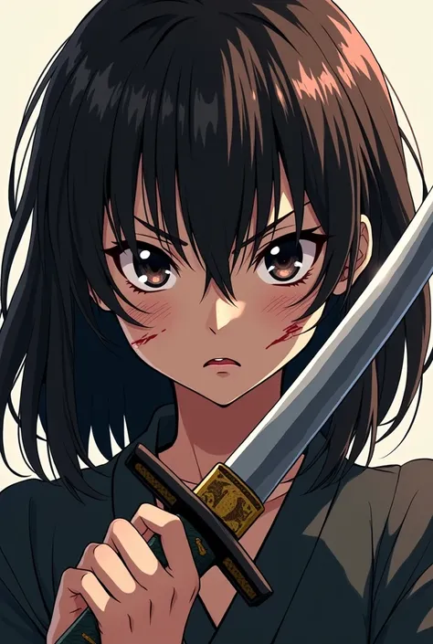 anime, young teenage girl, medium hair up to after mid back fluffy, chestnut with blackish highlights, Sharp slanted eyes with black pupils like an abyss, Pale skin, with a couple of bandages on his bleeding face. Bangs that cover much of your view, with l...