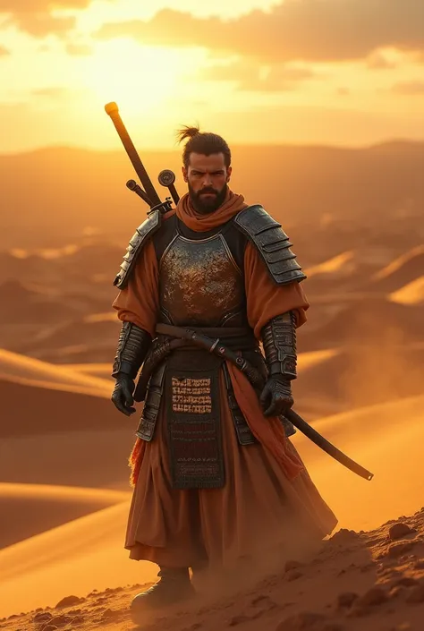 A desert samurai wearing shield on back and having swords 
In Dune with orange lights  from behind 
