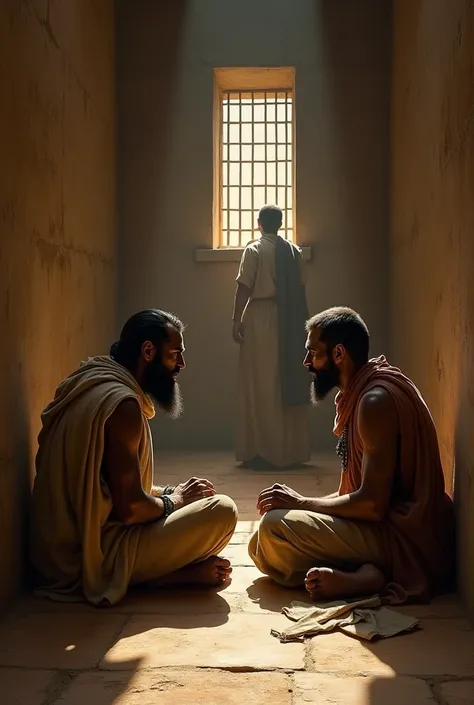 In an Egyptian prison in the time of the Pharaohs, two Egyptian prisoners are sitting talking to someone who does not appear in the picture. The prison room is old and dark brown in color. The prisoners are wearing torn clothes. The floor is clean. There i...