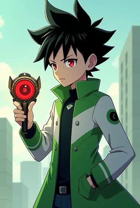 1 boy who is 1.80 with a hairstyle like Sukuna&#39;s and black hair with a modern white and green coat with the Ben 10 Omnitrix in his left hand with full-body anime-style red eyes looking forward with a slightly serious face