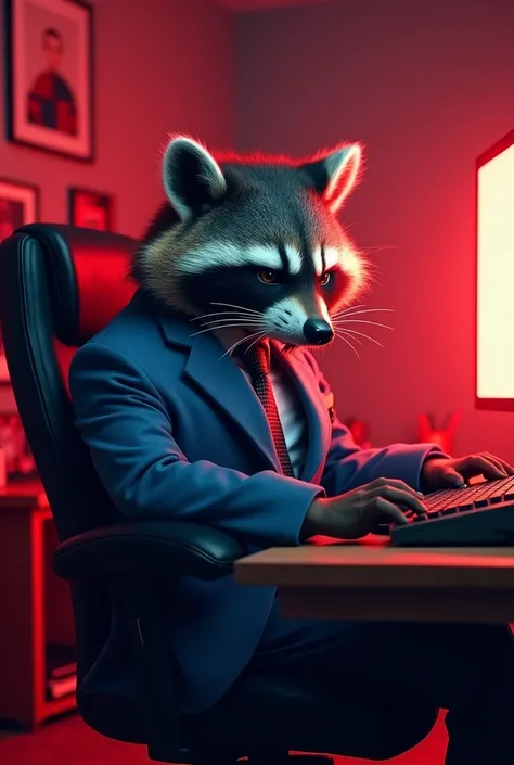 raccoon (animal) gets angry and growls, playing on the computer. Has a gaming office with red lights in the background.. he is sitting on an office chair. He is wearing a blue classic suit with a tie... Office items for decoration. Style Ghostmix.