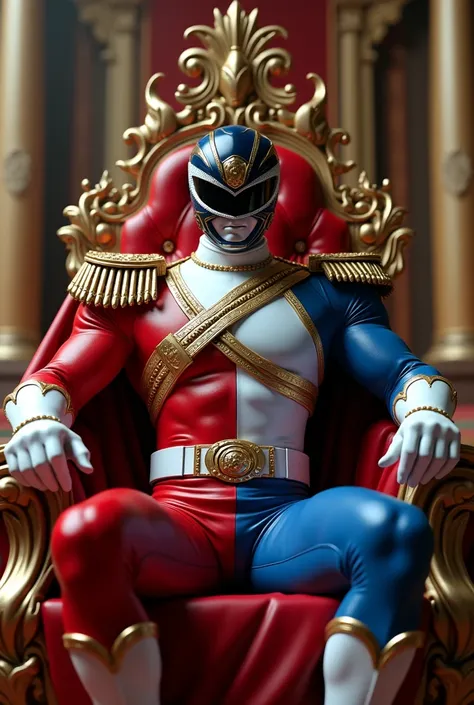 Napoleon Bonaparte inspired Power Ranger without helmet, wearing clothes in the colors of France, sitting on a king&#39;s throne, 