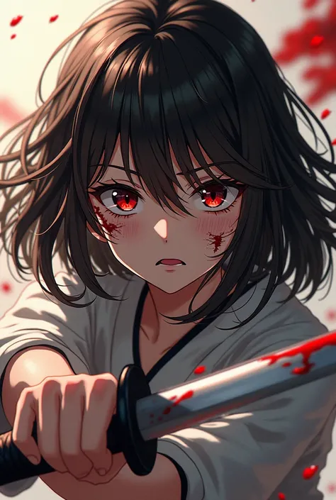 anime, young teenage girl, medium length hair to mid back fluffy, chestnut with blackish highlights, Sharp slanted eyes small black pupils like an abyss, Pale skin, with a couple of bandages on his bleeding face. Bangs that cover much of your view, with lo...