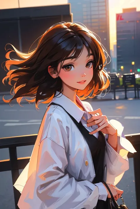 A beautiful young woman with a kind face, wearing a blouse, standing on a pedestrian bridge with skyscrapers in the background, against a sunset sky, her light brown hair blowing in the wind, smiling, ultra-detailed, (best quality,4k,8k,highres,masterpiece...