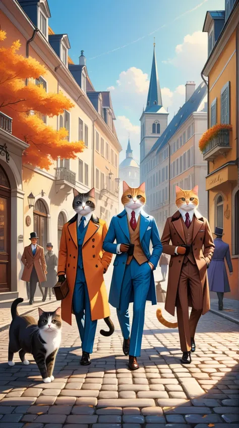 digital painting, a group of cats wearing suits and human clothing walking on two legs, strolling through a 1970s-1980s European street, cobblestone streets, vintage architecture, autumn atmosphere, warm sunlight, detailed fur texture, anthropomorphic cats...