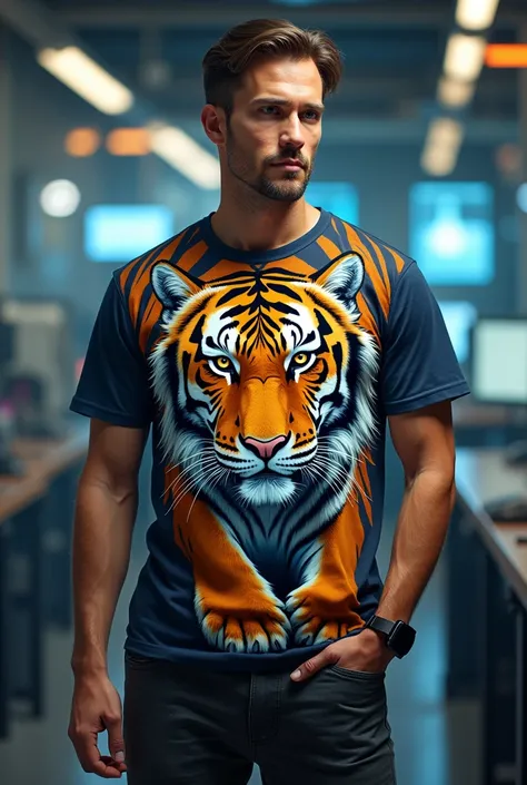 Generates an engineer with a shirt with a picture of a tiger