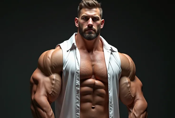 Body: (Large muscular frame:1.7) of (unrealistically big Bodybuilder:1.7) with (unrealistically oversized Muscles:1.7),white and tanned skin, very detailed muscles, (56 Centimetre circumference biceps:1.8), (proportional muscles over whole body to biceps:1...