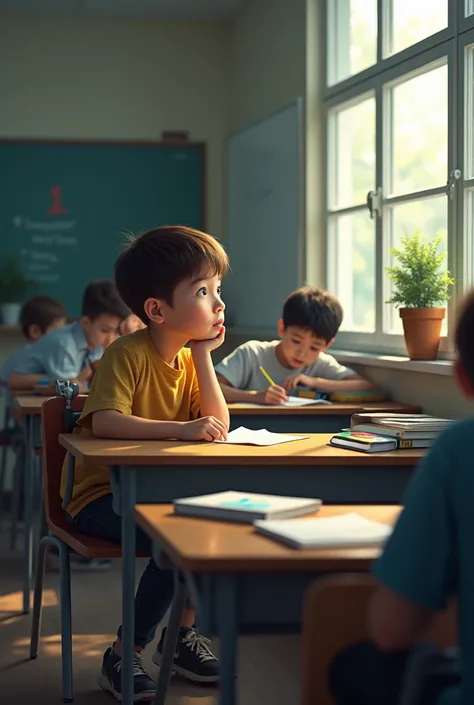 Image of a boy looking out the window sitting, distracted while his classmates are working silently inside the classroom, make the image wider
