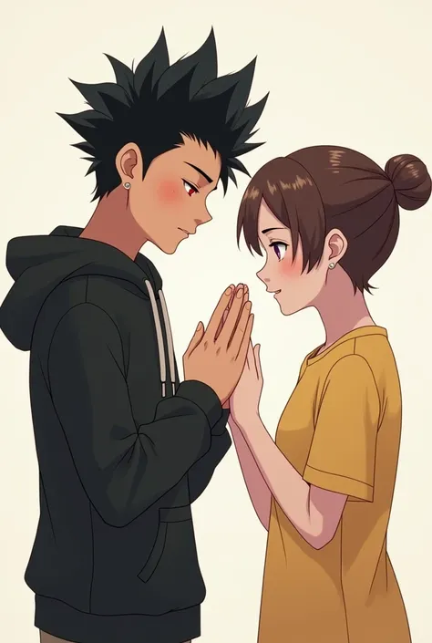 Anime boy ((( Spiky hair , black hair , black hoodie , red eyes , narrowed eye , handsome , praying ))) , anime girl ((( purple eyes , brown hair , tied single bun hair style , short hair , yellow t shirt , blank t shirt , praying ))) , matured , good qual...