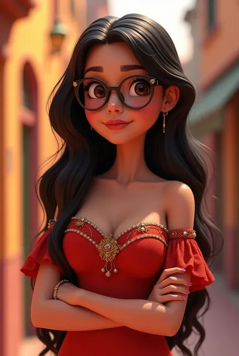 light brunette woman, long dark brown hair, Brown eyes, thin black glasses, dressed as Adelita in Disney Pixar style, Whole body,half chubby with my arms around my waist 

