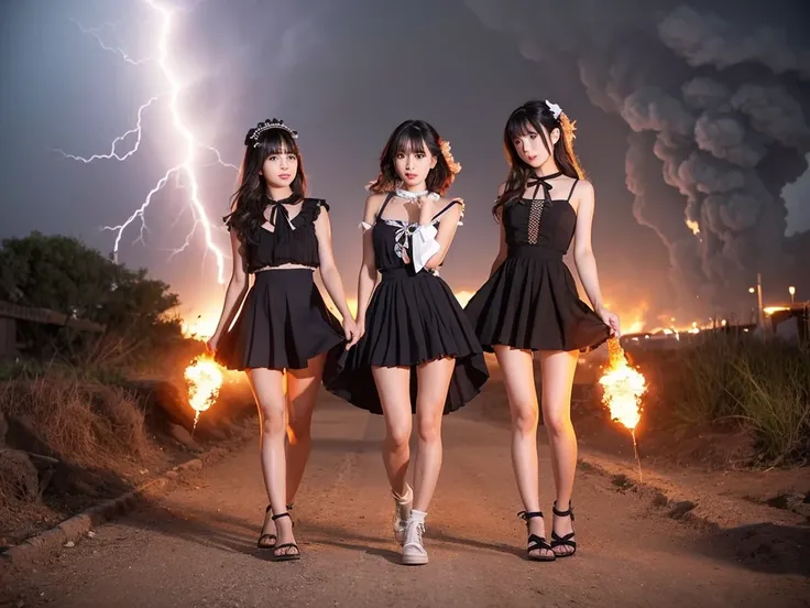 Three women looking at,Japanese Idols,Beautiful woman,dress,Frills,ribbon,mini skirt,Slim body,inflammation,explosion,火inflammation,lightning,Blitz,spark,tornado,Dust cloud