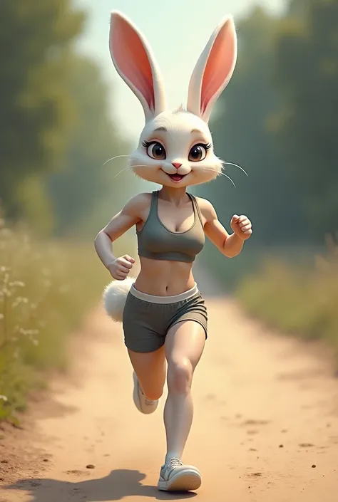 (Anthropomorphic), 1 rabbit woman, fluffly, small, bunny ears,  bunny tail, breasts small, , pernas curtas e bigs, big, short clothes, gym clothes, running on the dirt road, (lateral view)