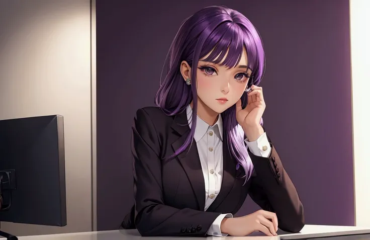 Suit, glamour, office background, shy look, purple hair, brown eyes