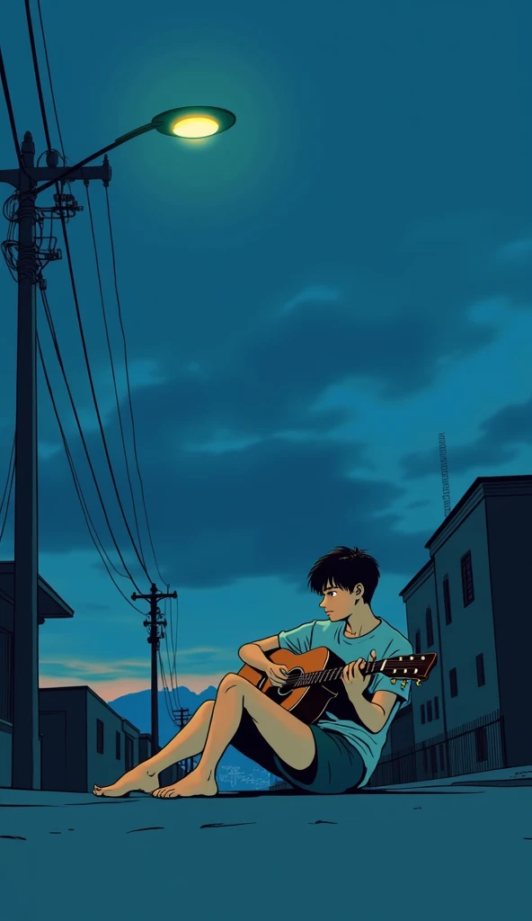 anime waterpaint dark black blur guy barefoot, sitting, playing guitar under a street light (low to top angle view), relaxed pose, looking into the distance, outdoor urban setting, telephone pole, power lines, dark cloudy sky, midnight , warm and cool colo...