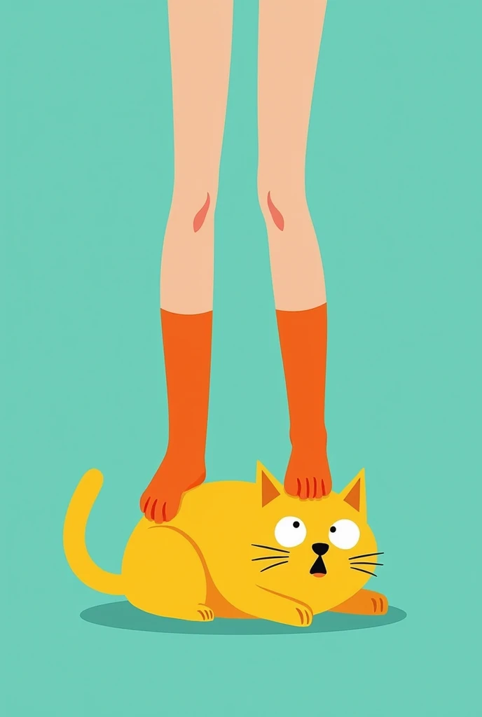 This image is a digital illustration by artist. The artwork features a simple, playful, and cartoon-like style with bold, flat colors and minimal detail. It depicts a close-up of a pair of legs wearing orange socks standing on a yellow cat that appears squ...