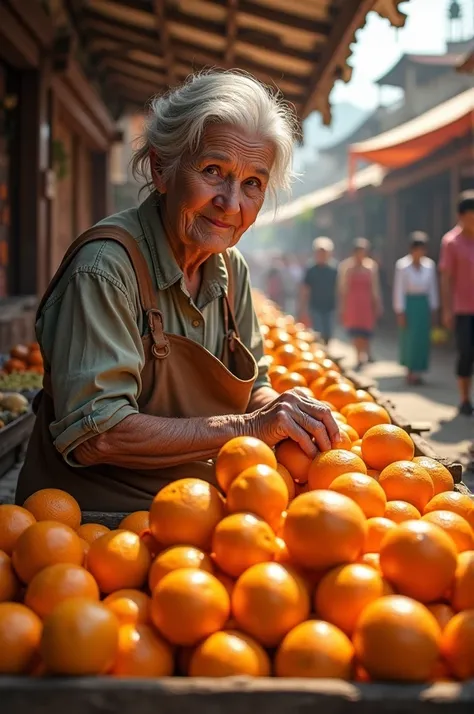 A scene where an old grandmother is selling oranges