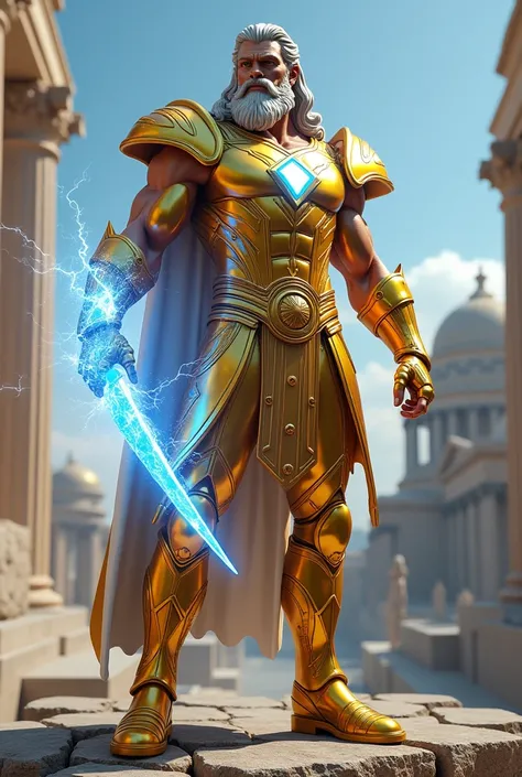 Zeus with his blue lightning in his hand, wearing a golden power ranger armor, with his boot appearing completely in the image and background of ancient Greek buildings