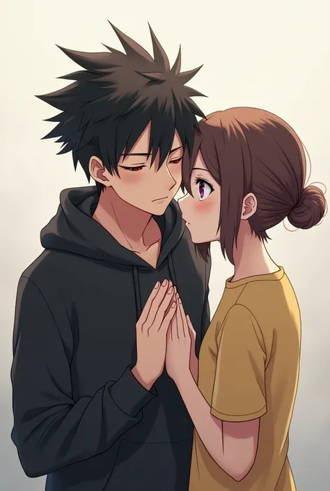 Anime boy ((( Spiky hair , black hair , black hoodie , red eyes , narrowed eye , handsome , praying ))) , anime girl ((( purple eyes , brown hair , tied single bun hair style , short hair , yellow t shirt , blank t shirt , praying ))) , matured , realtisti...