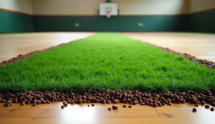 Trim a gym floor with synthetic grass and dark brown granules