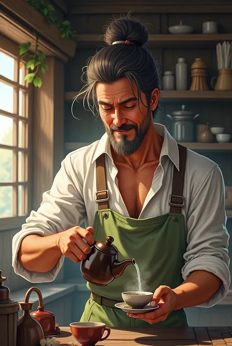 A shopkeeper is making tea with his shirt unbuttoned and wearing a genji