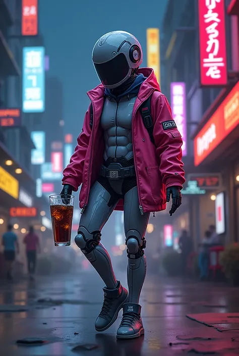 a humanoid cyborg R2-D2 droid in a neon urban sporty hiphop jacket with abs showing, stumbling drunk, holding a tall soda glass, in a run-down anime neighborhood on a hazy summer night, blurry grainy 1990s anime style, shimmering with sparkles