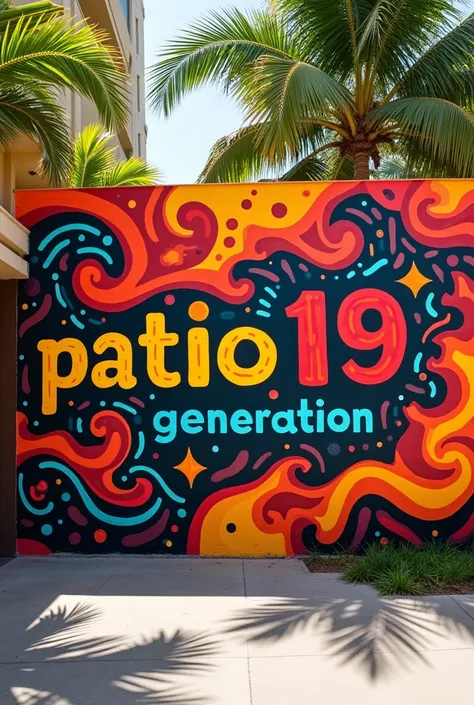 Generate a mural painted on a wall, that has bright colors, and that includes black, Red and yellow, that has patterns like waves, What are you saying? "Patio 19" In big and small letters "generation 19", No people on the mural and keep it simple. No words...