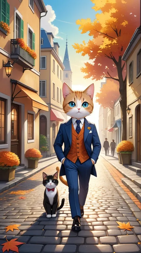 digital painting, a cute and gentlemanly chibi cat in a suit, with three-heads-tall proportions, walking on two legs, strolling through a 1970s-1980s European street, cobblestone streets, vintage architecture, autumn atmosphere, warm sunlight, detailed fur...