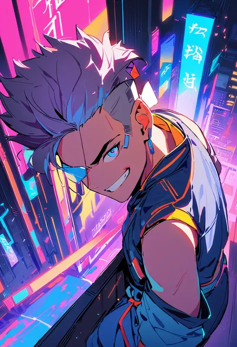 (best quality), (ultrafein), (​masterpiece), Illustration, ((a boy)), China-Samurai,cyberpunk, （cyberpunk，Samurai-Costume), (moving towards the viewer, looks sideways, high angle view), wolf-haircut, Hair Accessories, bright colours, smiles, dynamic lighti...