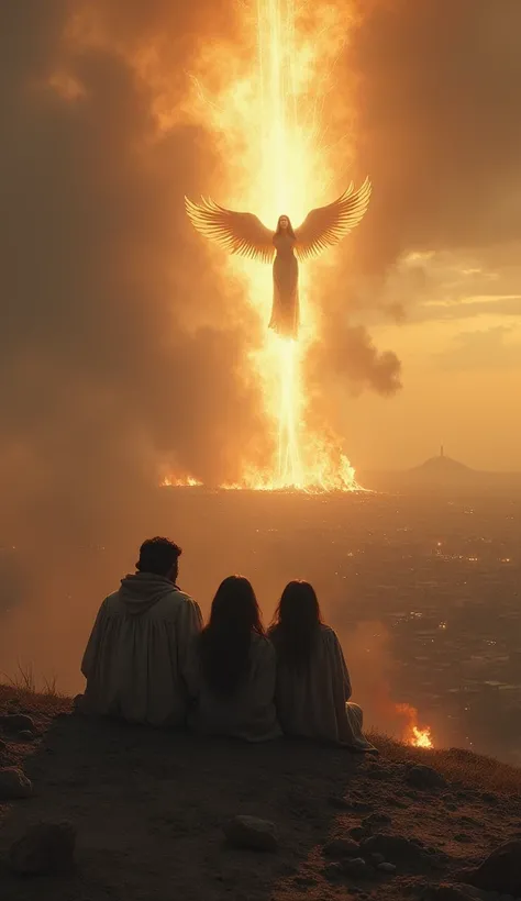 A hyper-realistic image of Lot and his daughters, exhausted and distraught, sitting on a distant hill. The burning remains of Sodom and Gomorrah are visible on the horizon. The Angel, his mission complete, ascends back to the heavens, leaving a trail of li...