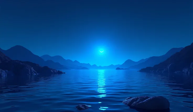 Bright dark blue night light on the sea,Then some hills and reefs will appear on the sea,The whole picture is 3D,(No beach)