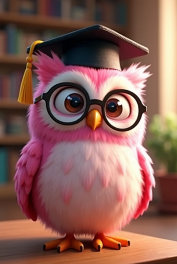 Cute pink owl with glasses and pixar style graduation cap