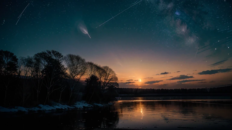 Fading Stars: A photo of the night sky as the stars begin to disappear, with the moonlight slowly giving way to the light of dawn. The scene should convey a sense of change and the passage of time.