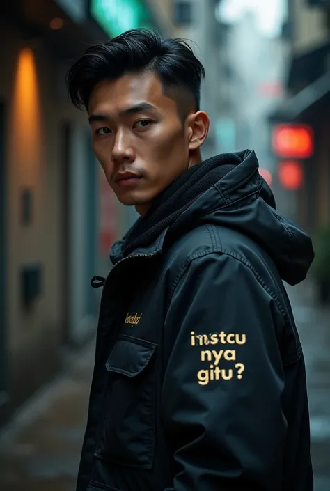 Professional photography of a full body elegant Asian man with body charm, mysterious aura, trendy black short taper hair, wearing a parka jacket with intricate sablon text ((Mau nya gitu?))  in a cosplay style, ultra-realistic rendering, masterpiece quali...