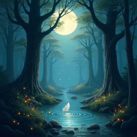 Whispering winds. Ancient trees. Mysterious shadows. Soft moonlight. Illuminates. Enchanted forest. Gentle mist. Floating. Between branches. Fireflies dance. Quiet magic. Hidden creatures. Watchful eyes. Secret paths. Leading. To unknown places. Unseen mys...