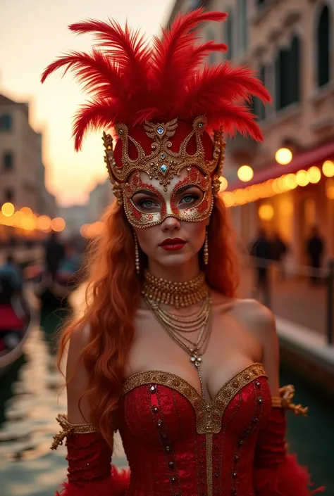 Golden evening sunlight casts a warm glow on the vibrant streets of Venice, Italy, as the Carnival celebration reaches its climax. A stunning woman in a radiant red strapless corset, adorned with a glittering gold necklace and a resplendent red and white m...