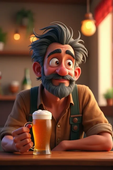 an animated character with a beard and black hair with some gray hair, about 40 years old, with a glass cup containing beer