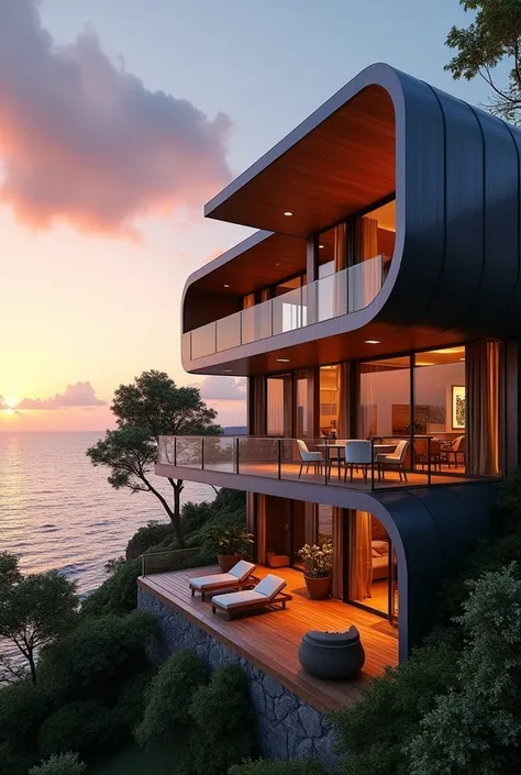 facade high standard residence; neocontemporary architecture; located in front of the Brazilian beach; condominium; land with slope; sea view sea; U-shaped volume; semi-open patios; structure of metallic profiles and brushed pine; sunset; photography; rich...