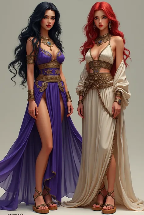 Head to toes potraits of Teen Titans characters Raven and Starfire. Raven wears a byzantine style tunic and cork-soled platform sandals. Starfire wears a greek chiton and bast thong sandals, extremely deatiled feet, extremely detailed eyes and face, beauti...